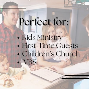 May include: Image with text that reads "Perfect for: Kids Ministry, First-Time Guests, Children's Church, VBS." A family is at a reception desk. A young boy is ringing a bell. A woman holds a young girl.