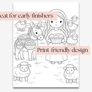 May include: Black and white line art illustration of a girl holding a basket of bread, a donkey carrying baskets, and several sheep. Text on the image reads "Great for early finishers" and "Print-friendly design".