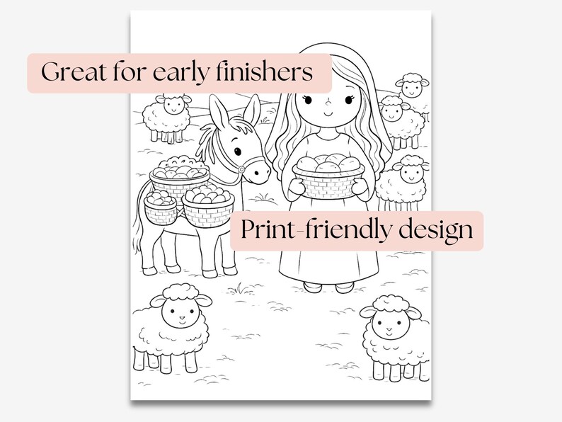 May include: Black and white line art illustration of a girl holding a basket of bread, a donkey carrying baskets, and several sheep. Text on the image reads "Great for early finishers" and "Print-friendly design".