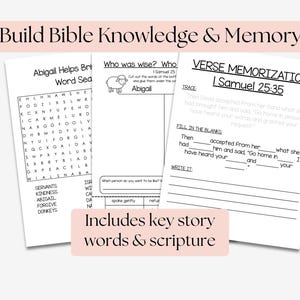 May include: Educational worksheets for Bible study, featuring word searches, fill-in-the-blanks, and verse memorization exercises. The worksheets include key story words and scripture, designed to build Bible knowledge and memory.