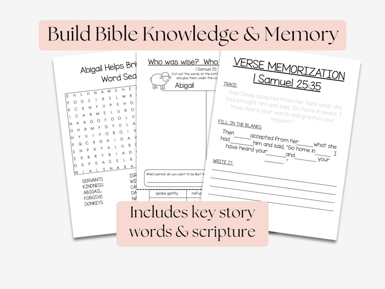 May include: Educational worksheets for Bible study, featuring word searches, fill-in-the-blanks, and verse memorization exercises. The worksheets include key story words and scripture, designed to build Bible knowledge and memory.