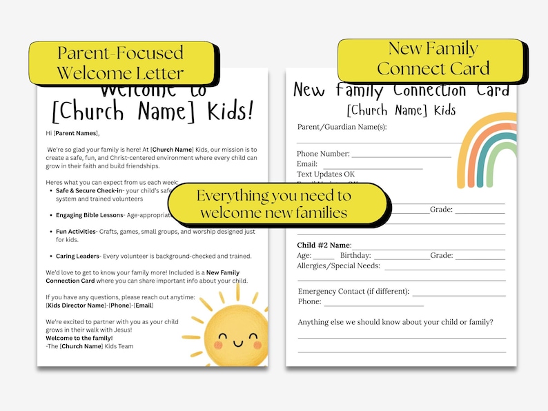 May include: Two white sheets of paper with text and graphics. One is a welcome letter with a sun graphic. The other is a new family connection card with a rainbow graphic. Both are for a church's kids program.