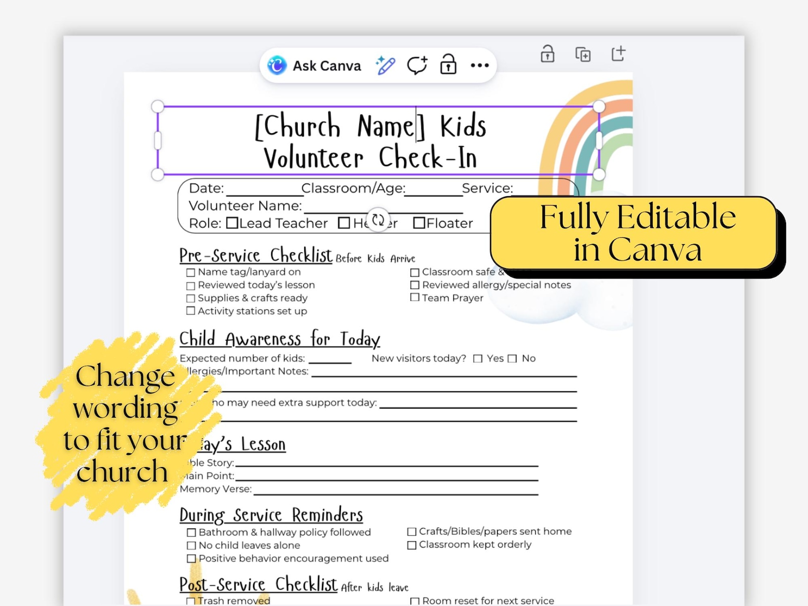 Volunteer Check Inflag Kids Ministry Volunteer Check-in Sheet | Editable Church Form (PDF ...