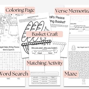 May include: A collection of printable Bible study pages for children, including a coloring page, word search, basket craft, verse memorization, matching activity, and a maze. The pages feature illustrations and activities related to the story of Abigail.