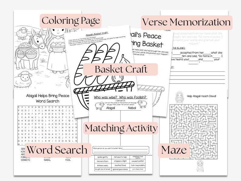 May include: A collection of printable Bible study pages for children, including a coloring page, word search, basket craft, verse memorization, matching activity, and a maze. The pages feature illustrations and activities related to the story of Abigail.