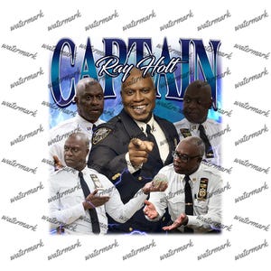 May include: A graphic featuring the word "CAPTAIN" in blue, with "Ray Holt" below it. The image includes multiple photos of a man in a police uniform, with a badge and tie. The background has a lightning bolt design.