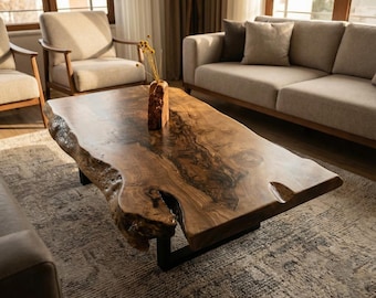 Tavolino da caffè in legno naturale personalizzato - Tavolo rustico con bordo vivo - Stile noce rustico - Tavolino da caffè fatto a mano - Realizzato su ordinazione - Messaggio per il prezzo