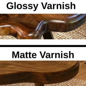 May include: The image shows two sections of wooden furniture, one with a glossy varnish and the other with a matte finish. The top section has a shiny, reflective surface, while the bottom section has a dull, non-reflective surface. The text "Glossy Varnish" and "Matte Varnish" are displayed.