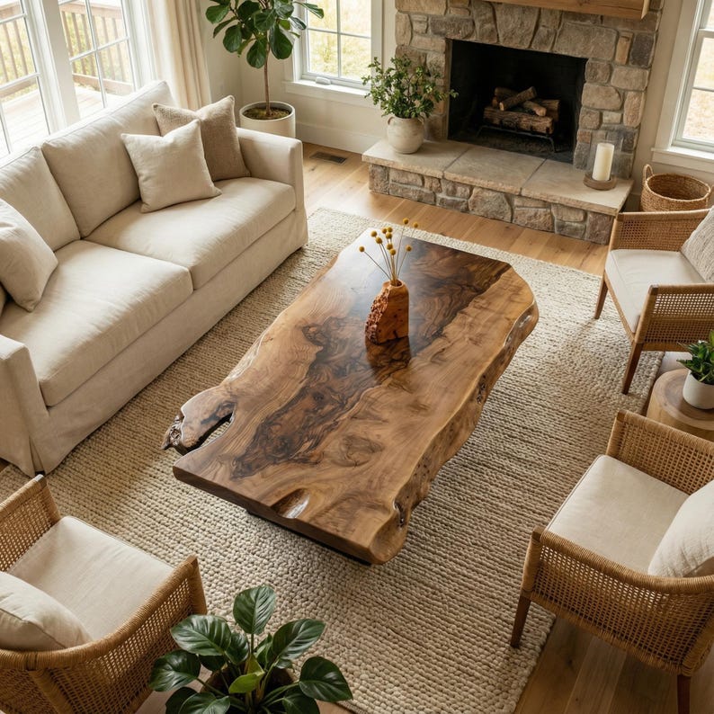 May include: A living room scene featuring a large, natural-edge wooden coffee table. The table is the focal point, surrounded by a beige sofa, woven chairs, and a neutral-toned rug. A stone fireplace and large windows add to the room's inviting atmosphere.