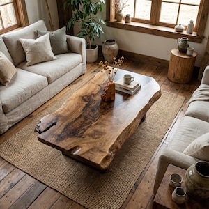 May include: A large, natural-edge wooden coffee table with a rich, dark wood grain sits on a woven jute rug. The table is surrounded by neutral-toned sofas, pillows, and decorative items, creating a warm and inviting living room setting.
