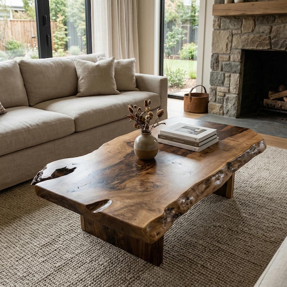 Natural Wood Coffee Table - Live edge Rustic  Furniture for Living Decor - Handcrafted Reclaimed Farmhouse Centerpiece - Unique Side End