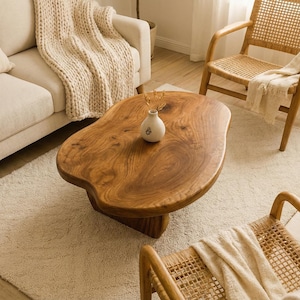 May include: A solid wood coffee table with a unique, organic shape. The table has a warm, natural wood grain finish and sits on a sturdy base. A small white vase with dried flowers sits on the table. The room has a neutral color palette.