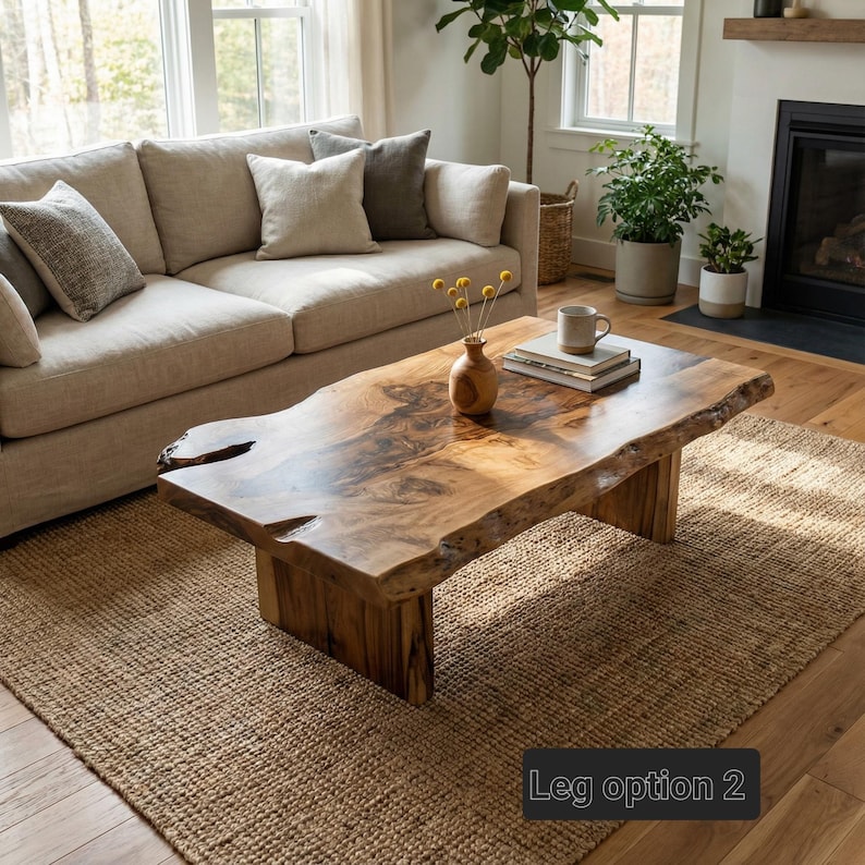 May include: A natural wood coffee table with a live edge design, showcasing a rich, warm wood grain. The table rests on a solid, rectangular base. A vase with yellow flowers and a mug sit on the table. The text "Leg option 2" is visible.