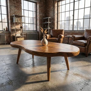 May include: A solid wood coffee table with a unique, organic shape. The table has a warm, natural wood tone and is supported by three angled legs. A small vase with dried flowers sits on top. The room features brick walls and large windows.