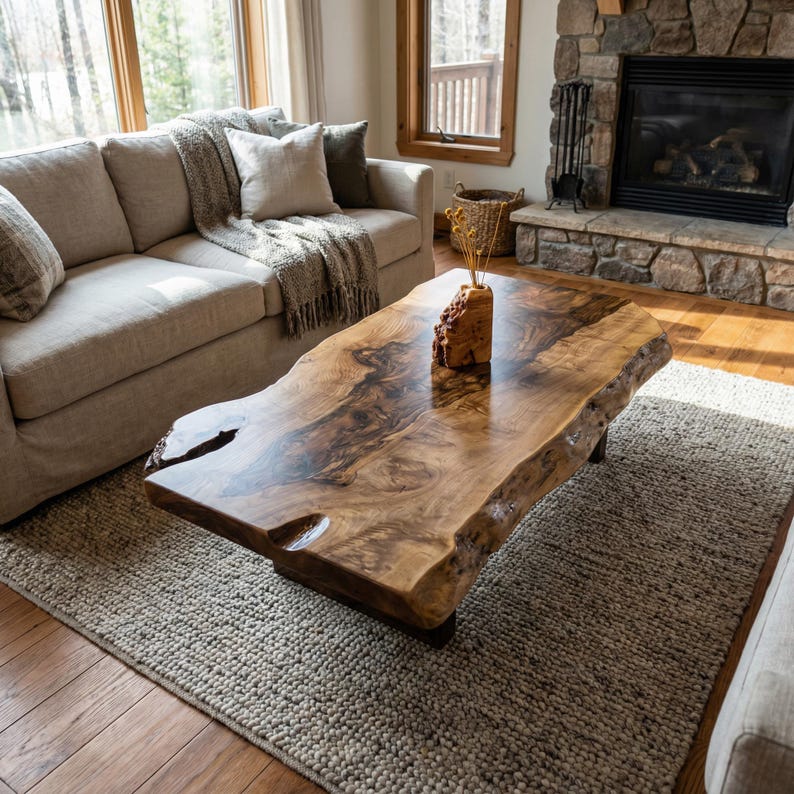 May include: A live edge wooden coffee table with a natural, organic shape. The table is a rich brown color with a glossy finish, resting on a neutral-colored rug. The table is approximately 60 inches long.