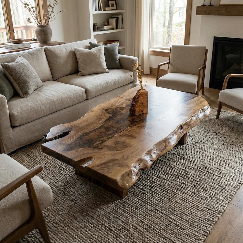 May include: A large, natural-edge wooden coffee table with a dark, polished surface. The table sits on a low, dark base and is the focal point of a living room with a neutral color palette. A woven rug and beige sofa complete the scene.