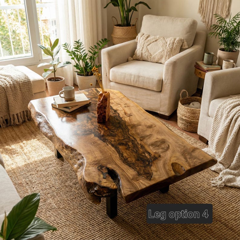 May include: A large, live-edge wooden coffee table with a glossy finish. The table has a natural, organic shape and sits on black legs. The surrounding living room features neutral-toned furniture, plants, and a woven rug. The text "Leg option 4" is visible.