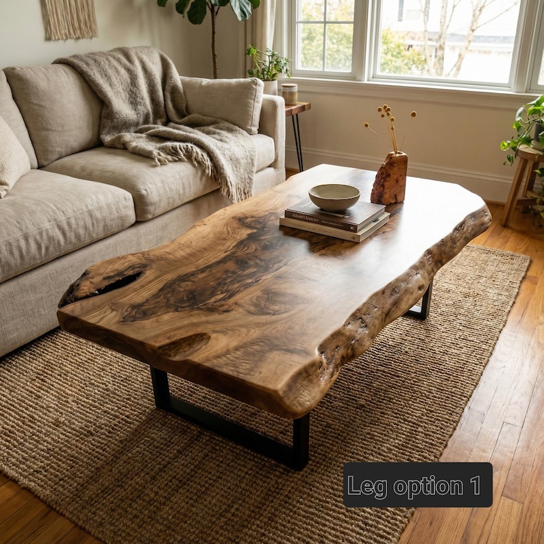 May include: A live edge wooden coffee table with a natural, organic shape. The table has a rich, brown color with dark wood grain patterns. It rests on a black metal base. The text "Leg option 1" is visible in the bottom right corner.