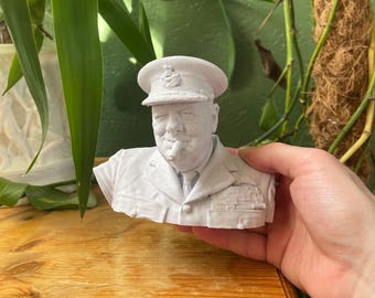 Busto de Winston Churchill / Escultura del líder de la Segunda Guerra Mundial / Estatua impresa en 3D, acabado en piedra