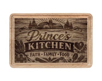 Prince's Kitchen Wooden Cutting Board | Engraved Faith Family Food Design