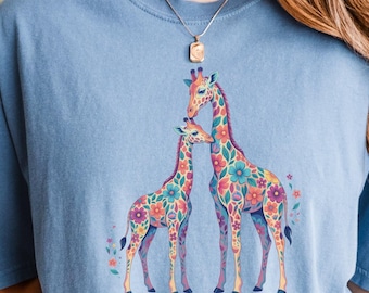 Mother Baby Giraffe Shirt, Floral Animal Tee, Gift for Mom, Baby Shower Gift