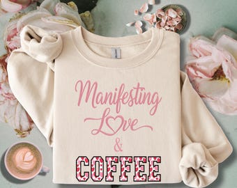 Love & Coffee Graphic Sweatshirt, Cozy Crewneck, Coffee Lover Gift, Pink Font