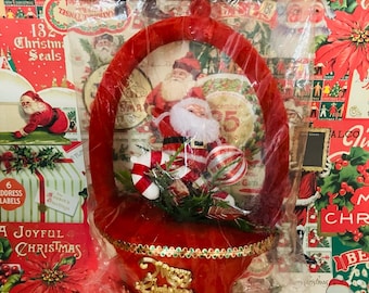 Vintage Plastic Red Flocked Santa Christmas Basket Wall Decoration