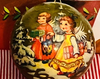 West Germany Paper Mache Christmas Ball Candy Container with Angel Illustrations
