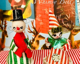Vintage 60’s Christmas RARE Cone Shaped Striped Snowman Couple Figurines