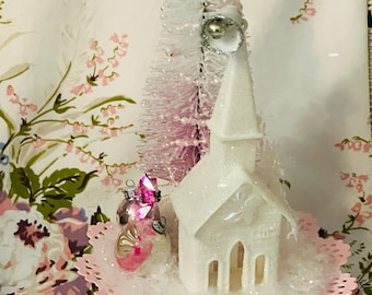 Vintage Christmas White Church with Bottle brush tree on a Pink Pedestal Display Decoration Centerpiece