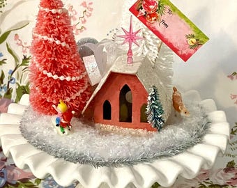 Vintage Christmas Pink Putz House MCM Display Decoration Centerpiece