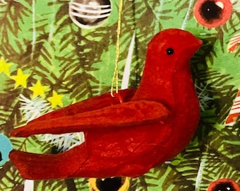 Vintage Red Flocked Bird Ornament – Felted Plastic Christmas Decoration