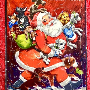 May include: A vintage Christmas puzzle featuring Santa Claus carrying a sack of puppies and surrounded by various dog breeds. The puzzle has a red background and the text "Whimsy Bells".