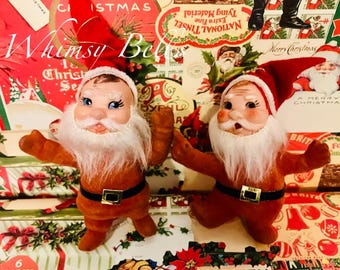 2 Vintage Felt Santa Claus Christmas Ornaments with Plastic Faces