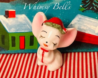 Napco Porcelain Mini Christmas Mouse Figurine with Green Spaghetti Trim