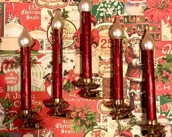 Vintage Inge-Glas Blown Glass Red Candles (Set of 5) – Glitter Trim Clip-On Ornaments