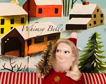 Vintage Christmas Putz Elf Figurine with  Tree