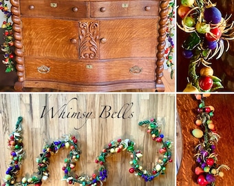 Vintage 1960s 104” Fruit Garland Swag Decor. MCM Vintage hard shiny plastic fruit with gold accent fronds