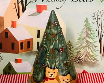 Vintage Hand-Painted Wooden Tree- Christmas Trees Trinket Box - Cones Shape 5" Tall