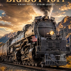 May include: A black Union Pacific Big Boy 4014 steam locomotive travels on tracks with a United States flag attached to the front. The train features a bright headlight, a bell, and the text BIG BOY 4014 UNION PACIFIC STEAM LEGEND above it.