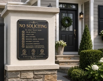 Elegant No Soliciting Sign | Black & Gold PVC Sign | Don’t Knock Don’t Ring Bell | Solar Lawn Care Pest Control Sign
