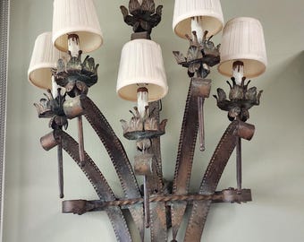 vintage 5-light wrought Iron floral wall sconce styled with brutalist and Mediterranean revival