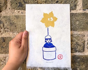 Linoleografia con narcisi - Stampa artigianale originale a tema floreale primaverile