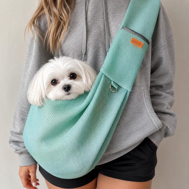 Puede incluir: Un transport&iacute;n de malla para mascotas en color verde menta claro con una peque&ntilde;a etiqueta rectangular naranja con el texto HIDREAM impreso en blanco. El transport&iacute;n cuenta con una anilla en D de metal y una estructura de tela texturizada y transpirable.