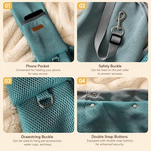 Puede incluir: Un transport&iacute;n de malla color verde azulado para mascotas con cuatro secciones: un bolsillo para tel&eacute;fono, una hebilla de seguridad de metal plateado en una correa gris, una anilla en D met&aacute;lica y cierre superior con dos botones a presi&oacute;n.