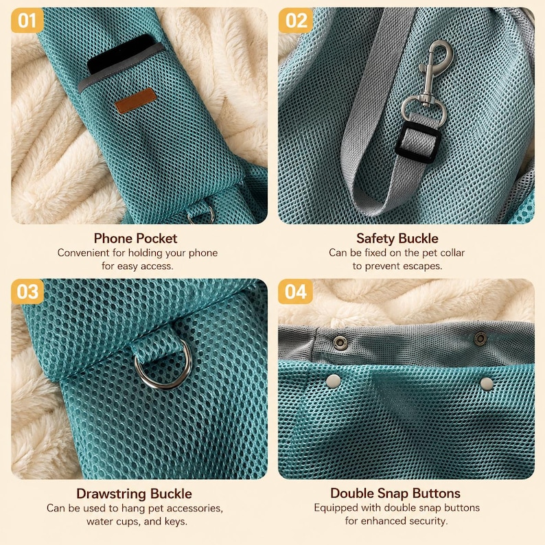 Puede incluir: Un transport&iacute;n de malla color verde azulado para mascotas con cuatro secciones: un bolsillo para tel&eacute;fono, una hebilla de seguridad de metal plateado en una correa gris, una anilla en D met&aacute;lica y cierre superior con dos botones a presi&oacute;n.