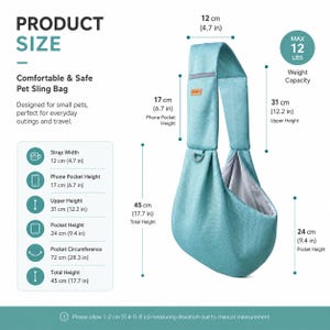 Puede incluir: Un bolso bandolera de malla azul claro para mascotas con correa, bolsillo para tel&eacute;fono y forro gris. El bolso tiene una capacidad de 12 lbs, un ancho de correa de 12 cm, una altura de bolsillo de 17 cm y una altura total de 45 cm.