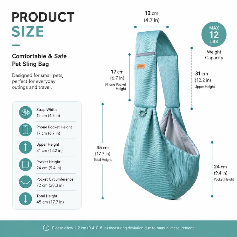 Puede incluir: Un bolso bandolera de malla azul claro para mascotas con correa, bolsillo para tel&eacute;fono y forro gris. El bolso tiene una capacidad de 12 lbs, un ancho de correa de 12 cm, una altura de bolsillo de 17 cm y una altura total de 45 cm.