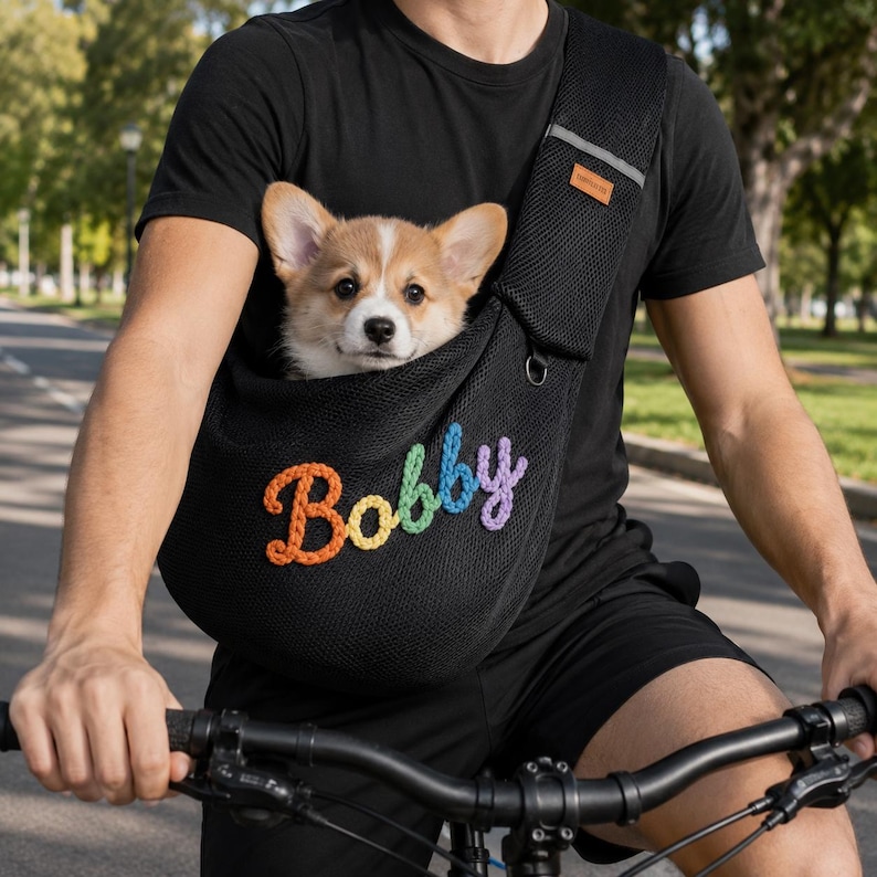Puede incluir: Un transport&iacute;n de malla negra para mascotas con el nombre Bobby bordado en letras de hilo de colores. El transport&iacute;n tiene una correa ancha para el hombro con una peque&ntilde;a etiqueta rectangular marr&oacute;n y una anilla en D plateada, con un cachorro.
