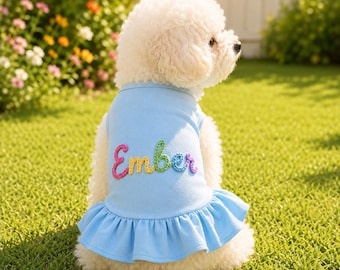 Personalized Puppy Pink Dress, Personalized Dog Summer Apparel, Doggy Embroidered Name Outfit, Birthday Custom Dog Dresses, Dog Lover Gift